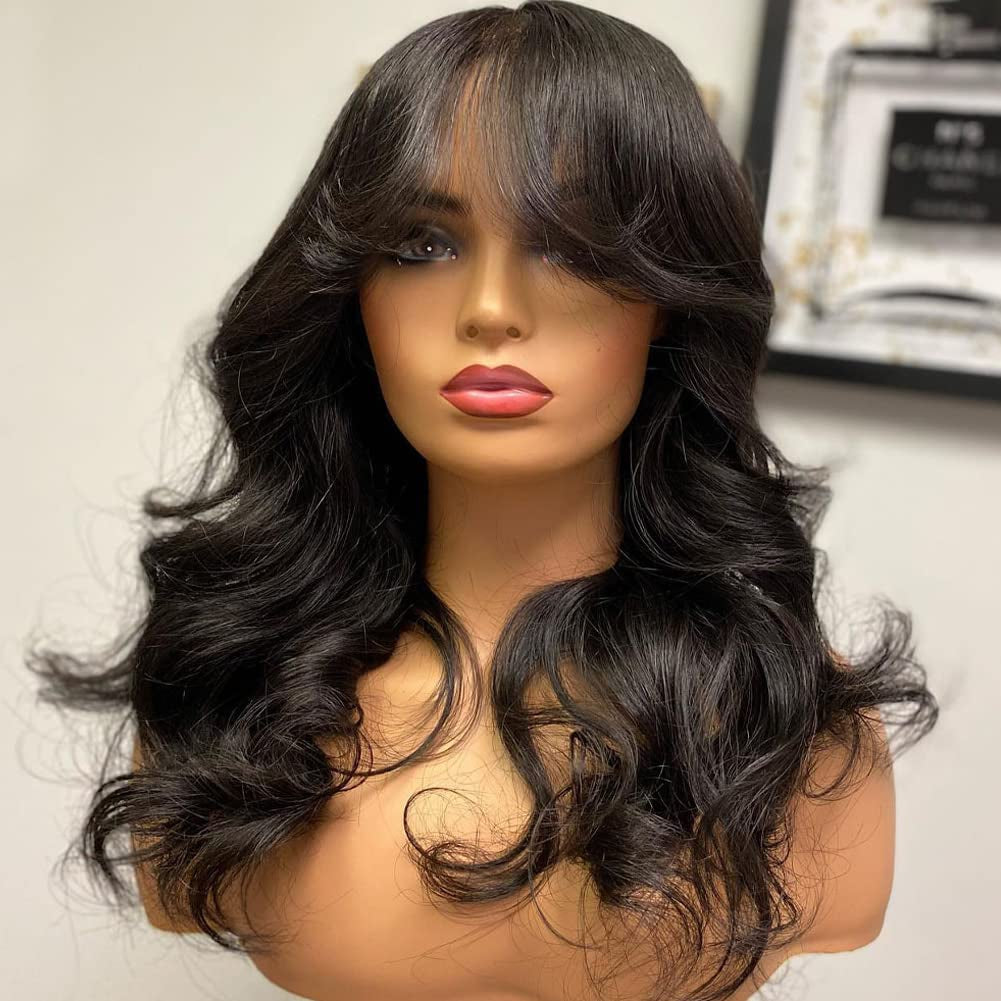 Body Wave Wigs with Bangs Human Hair Glueless Wavy Full Machine Made Scalp Top Wig None Lace Front Wigs for Black Women 180% Density Brazilian Virgin Hair Natural Color 22 Inch