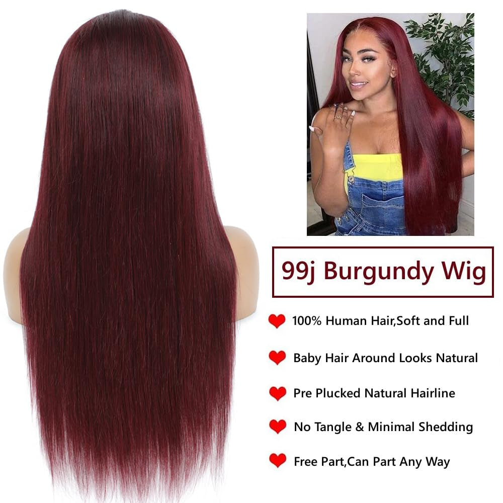 32 Inch 99J Burgundy Lace Front Wigs Human Hair 13X6.5 Straight HD Lace Front Wigs Human Hair 250% Density Glueless Straight Wigs Human Hair Pre Plucked with Baby Hair (99J Burgundy Wigs, 32 Inch)