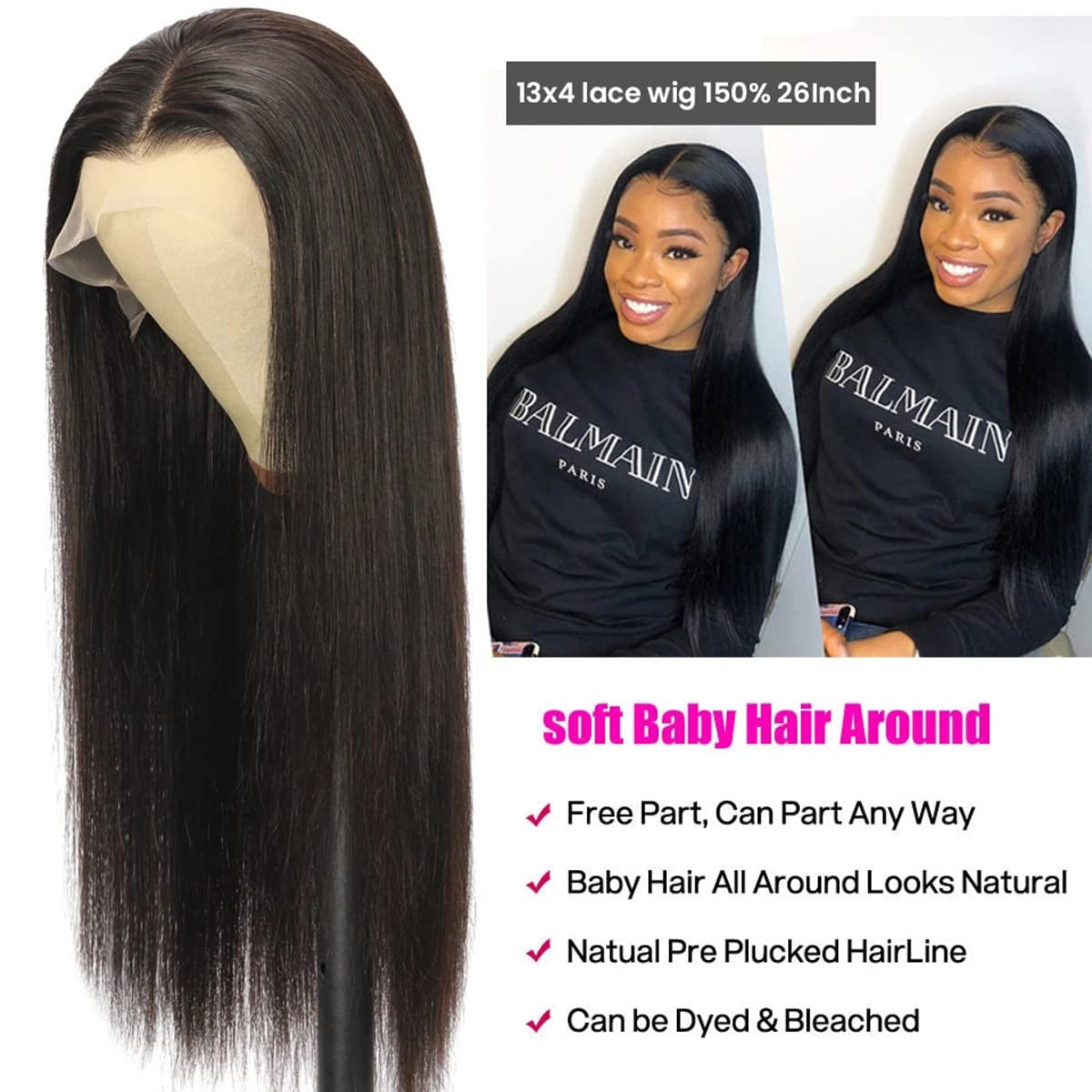 Lace Front Wigs Human Hair for Black Women, 24 Inch 150% Density Brazilian Straight Virgin Human Hair Lace Front Wig with Baby Hair Pre Plucked Hairline Natural Color Free Part