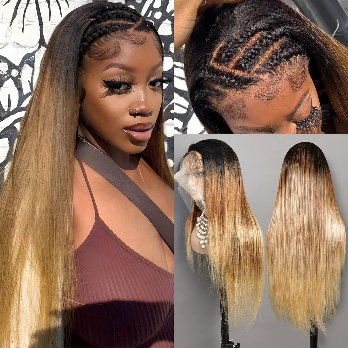 13X6 Highlight Ombre Lace Front Wig Human Hair Pre Plucked OT4/30/27 Colored Honey Blonde Lace Front Wig with Baby Hair180% Density (22Inch, 13X6 Ombre Straight Lace Wig)