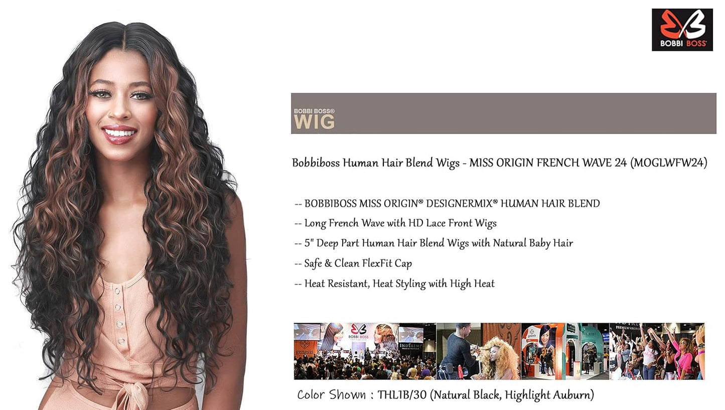 Bobbiboss Long French Wave Wigs HD Lace Front for Black Women - MISS ORIGIN 24, 5In Deep Part Human Hair Blend with Baby Hair, High Heat Resistant (THL1B/RBURGUNDY)