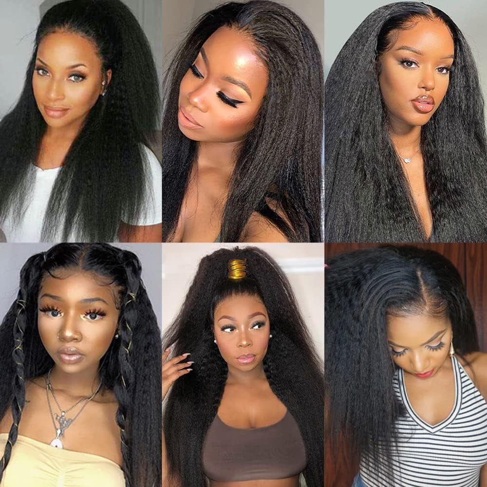 Kinky Straight Human Hair Wig 4X4 Transparent Lace Closure Kinky Straight Wigs 150% Density Yaki Human Hair Wigs Glueless Pre Cut Lace Natural Black(14Inch)