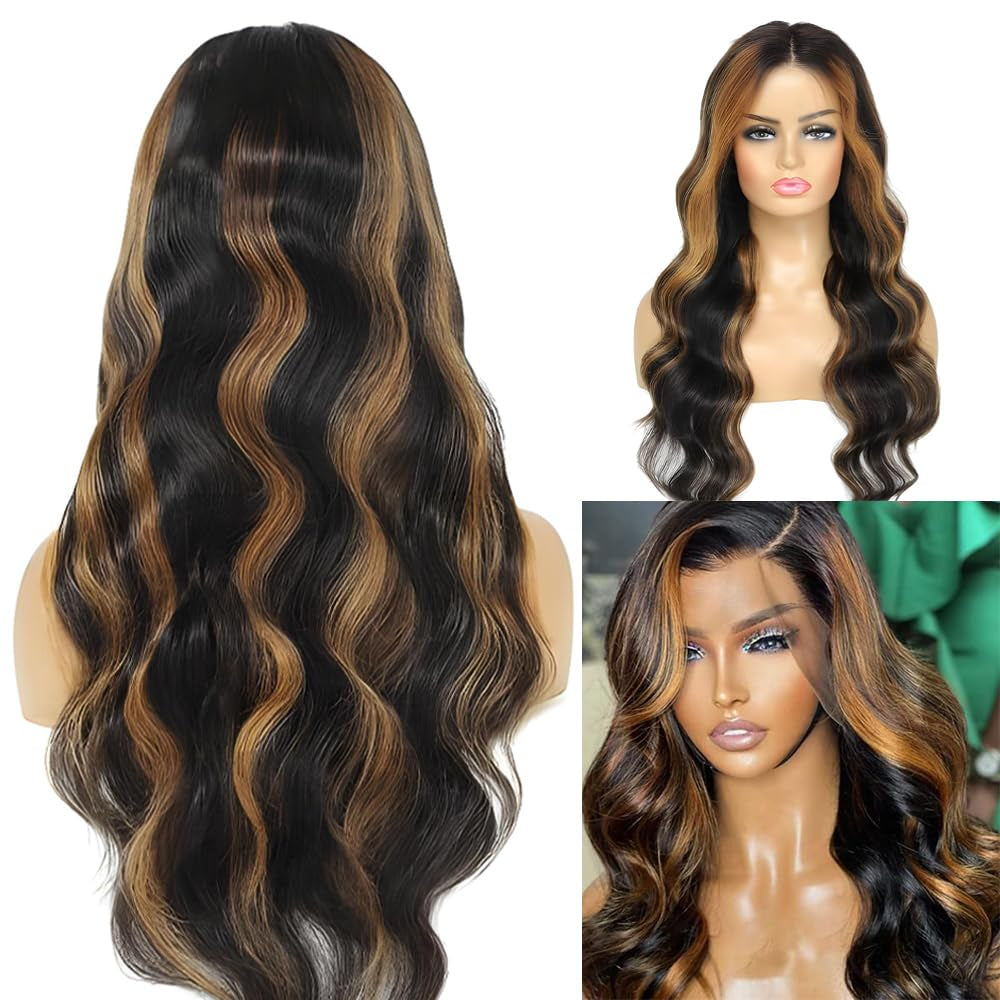 Ombre Highlight Lace Front Wigs Human Hair 210 Density Colored 1B/30 Body Wave Wig Black Bown 13X4 HD Transparent Lace Frontal Wigs Pre Plucked with Baby Hair Natural Hairline(32Inch)