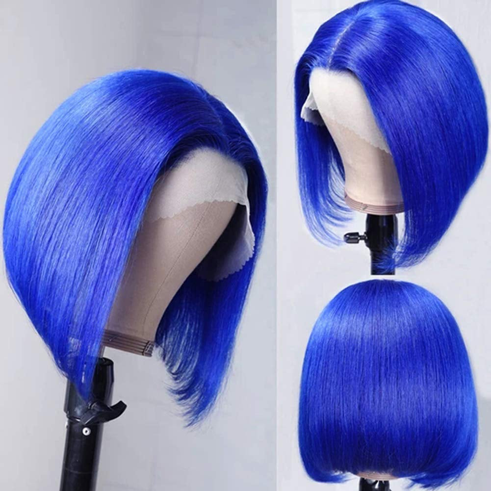 Human Hair Wigs Blue Lace Front Bob Wig Lace Part Wigs Middle T Part Glueless Blunt Cut Bob Wigs 13X4X1 Layered Short Bob Wig Brazilian Virgin Hair Straight for Women(12 Inch,150% Density)