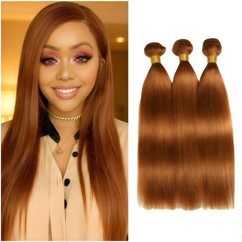 12A Light Brown Straight Human Hair Bundles 18 20 22 Inch Double Weft Brazilian Straight Human Hair Extensions for Black Women 3 Bundles 30 Color