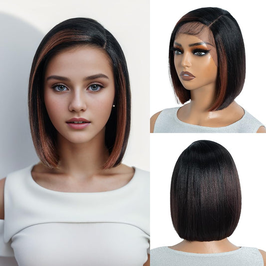 Short Straight Bob Wig 10 Inch Brown Bob Lace Front Synthetic Wigs for Women Natural Straight Heat Resistant HD Lace Wigs for Party and Daily Use