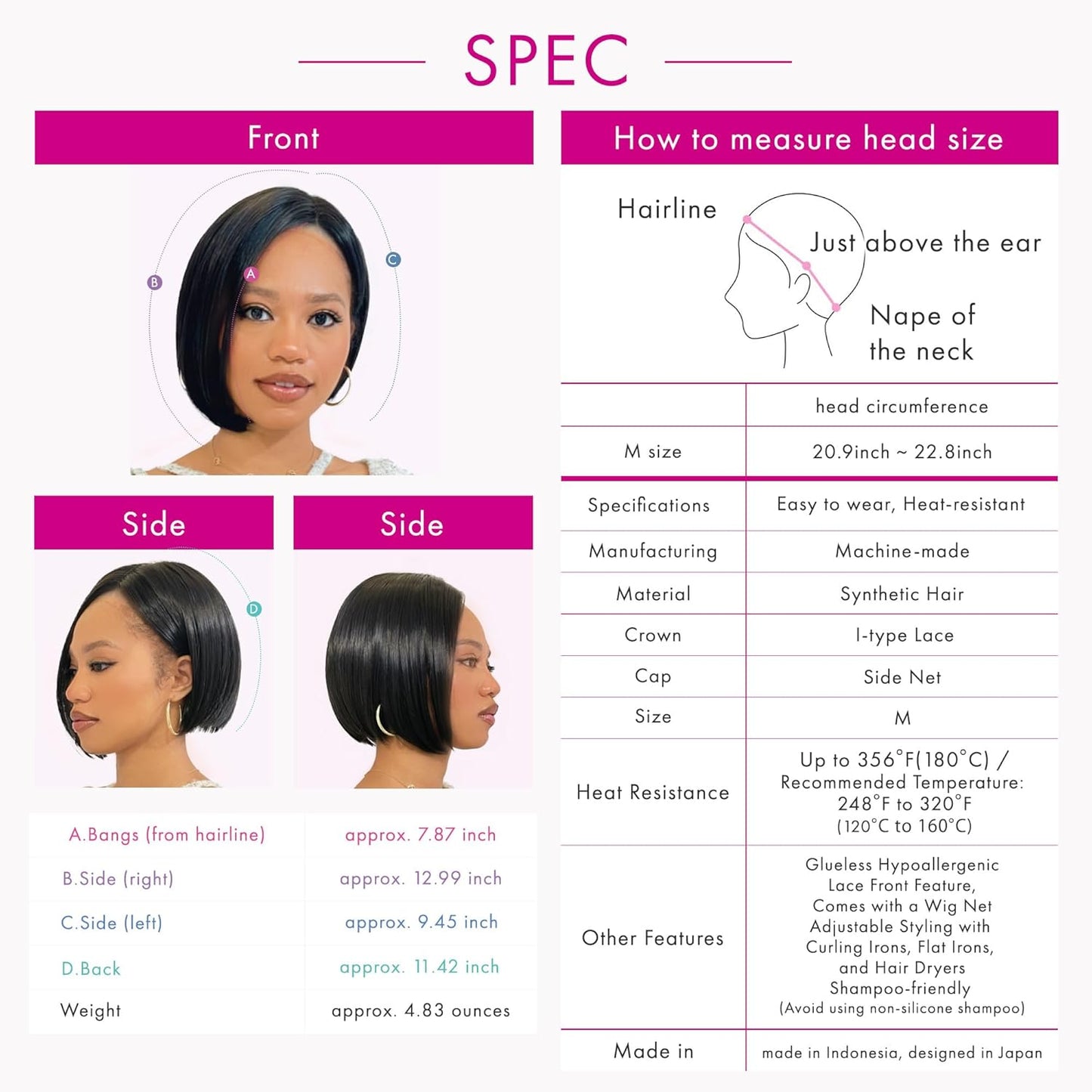 Exotic Bob Wig for Black Women - Snug Fit Cap, Handcrafted Airy Bangs, Seamless Lace Front, Asymmetrical, Rounded Nape, Glueless, Hypoallergenic, Heat Resistant (Natural Black)