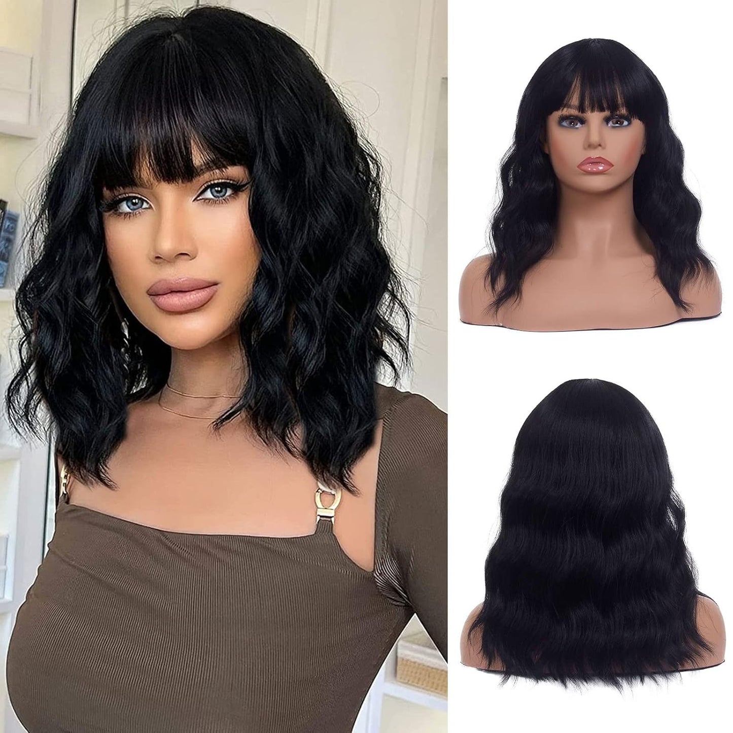 Curly Black Bob Wigs for Women Girl Synthetic Short Wig with Bangs Natural Water Wave Hair Wigs Heat Resistant Fiber for Daily Party Cosplay (Black)