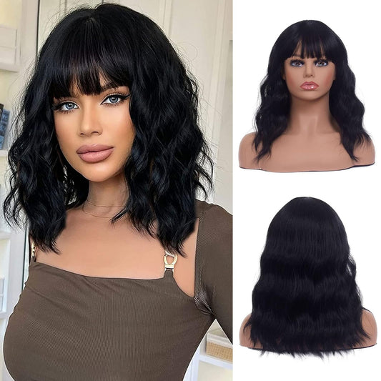 Curly Black Bob Wigs for Women Girl Synthetic Short Wig with Bangs Natural Water Wave Hair Wigs Heat Resistant Fiber for Daily Party Cosplay (Black)