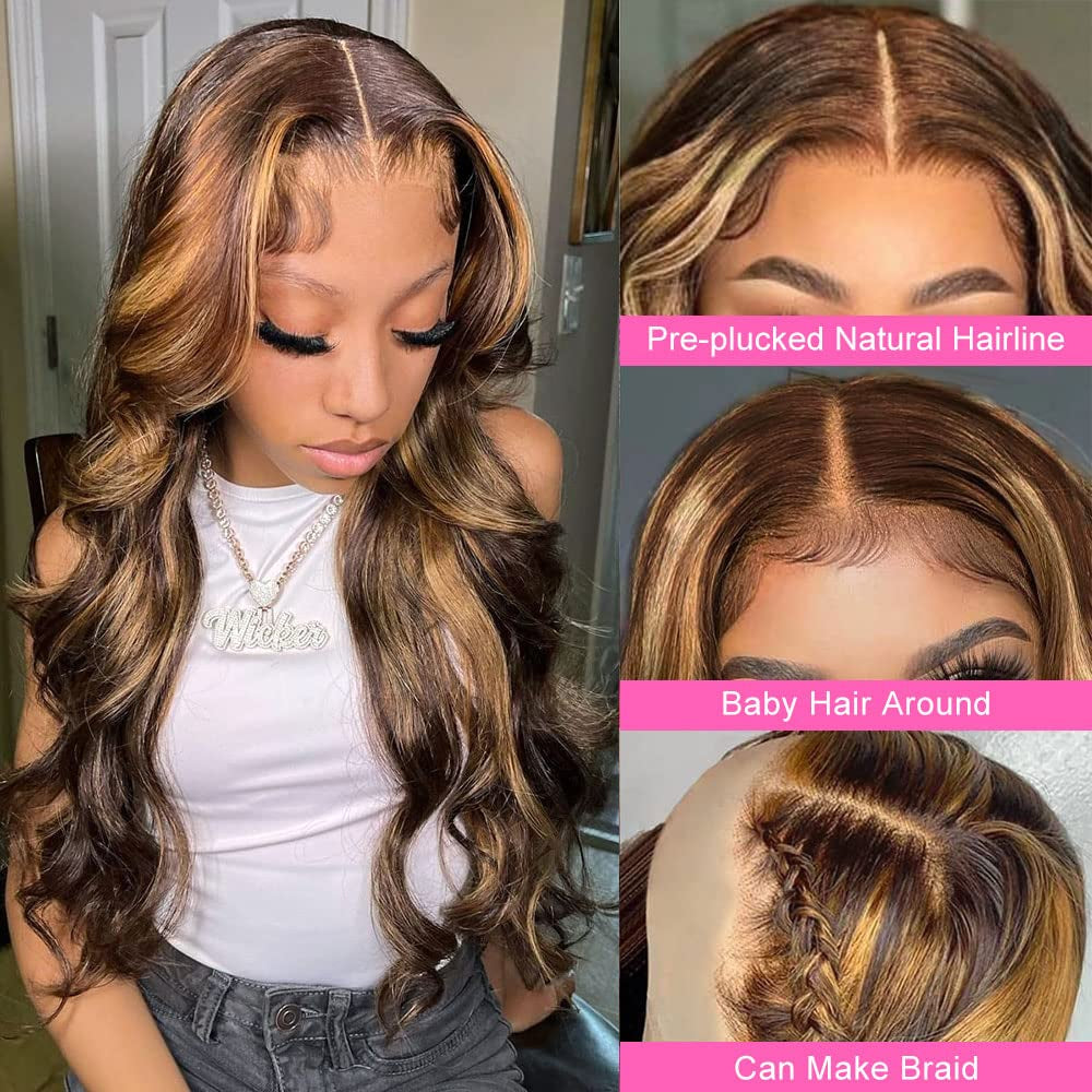 30 Inch Honey Blonde HD Lace Front Wigs Human Hair, 180% Density, 4/27 Color, Body Wave, Pre Plucked, Adjustable Strap Cap, Wavy, Thick, Tangle Free, Natural, WIG