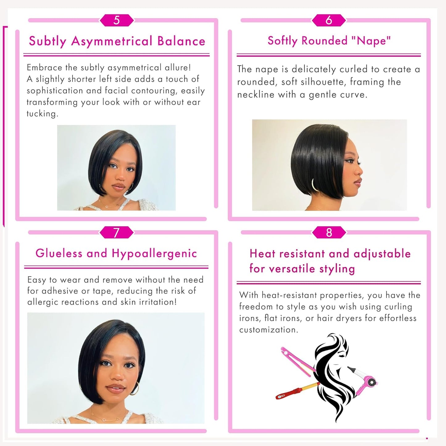 Exotic Bob Wig for Black Women - Snug Fit Cap, Handcrafted Airy Bangs, Seamless Lace Front, Asymmetrical, Rounded Nape, Glueless, Hypoallergenic, Heat Resistant (Natural Black)