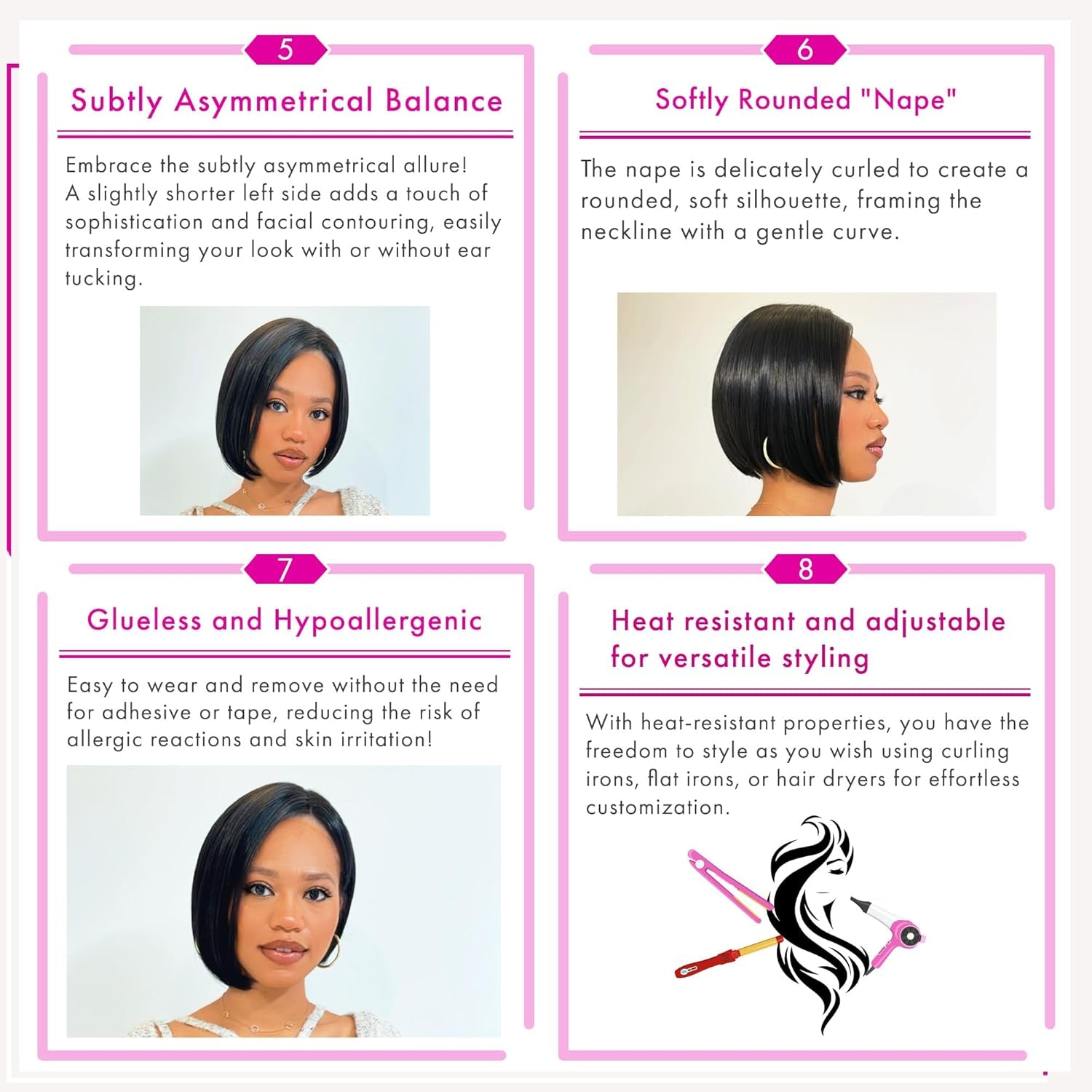 Exotic Bob Wig for Black Women - Snug Fit Cap, Handcrafted Airy Bangs, Seamless Lace Front, Asymmetrical, Rounded Nape, Glueless, Hypoallergenic, Heat Resistant (Natural Black)