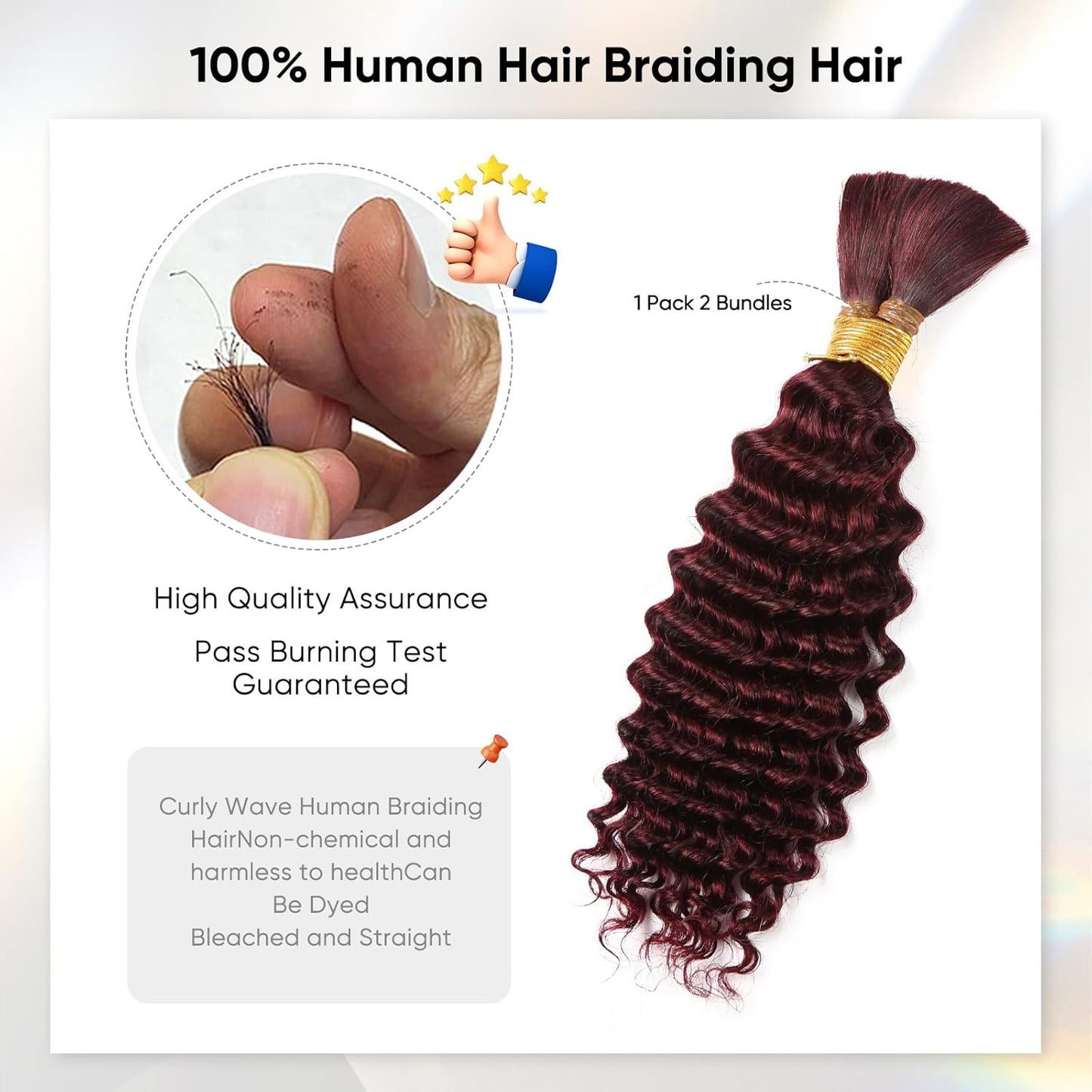 99J Burgundy Human Braiding Hair 29 Inch Deep Wave No Weft Curly Bundles Human Hair Extensions for Boho Knotless Braids Wet and Wavy (99J)