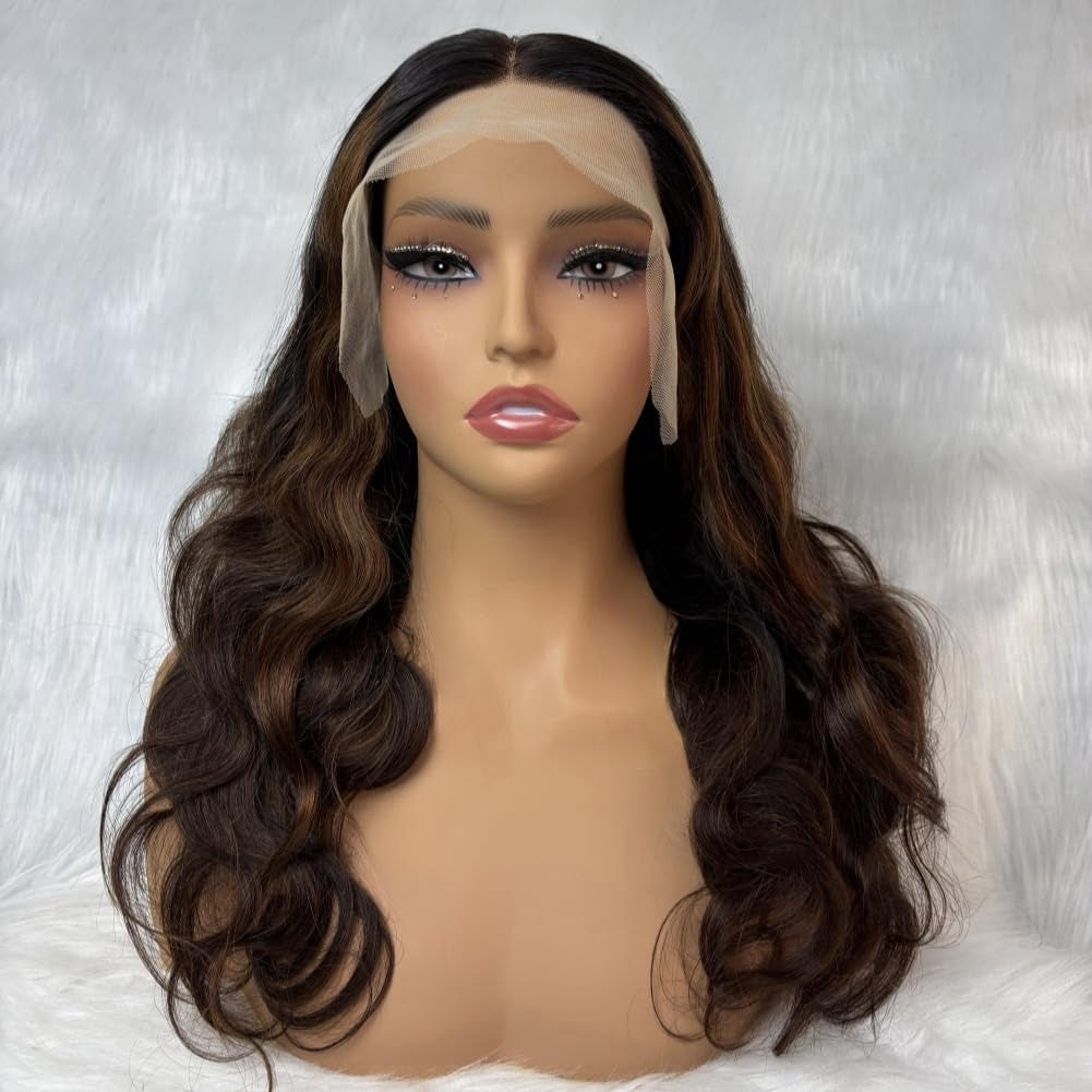 13X4 Lace Front Brown Highlight Wig Human Hair Body Wave Wigs Human Hair HD Transparent Lace Wig Honey Highlights Glueless Frontal Wigs Pre Plucked with Baby Hair Natural Hairline (24Inch)