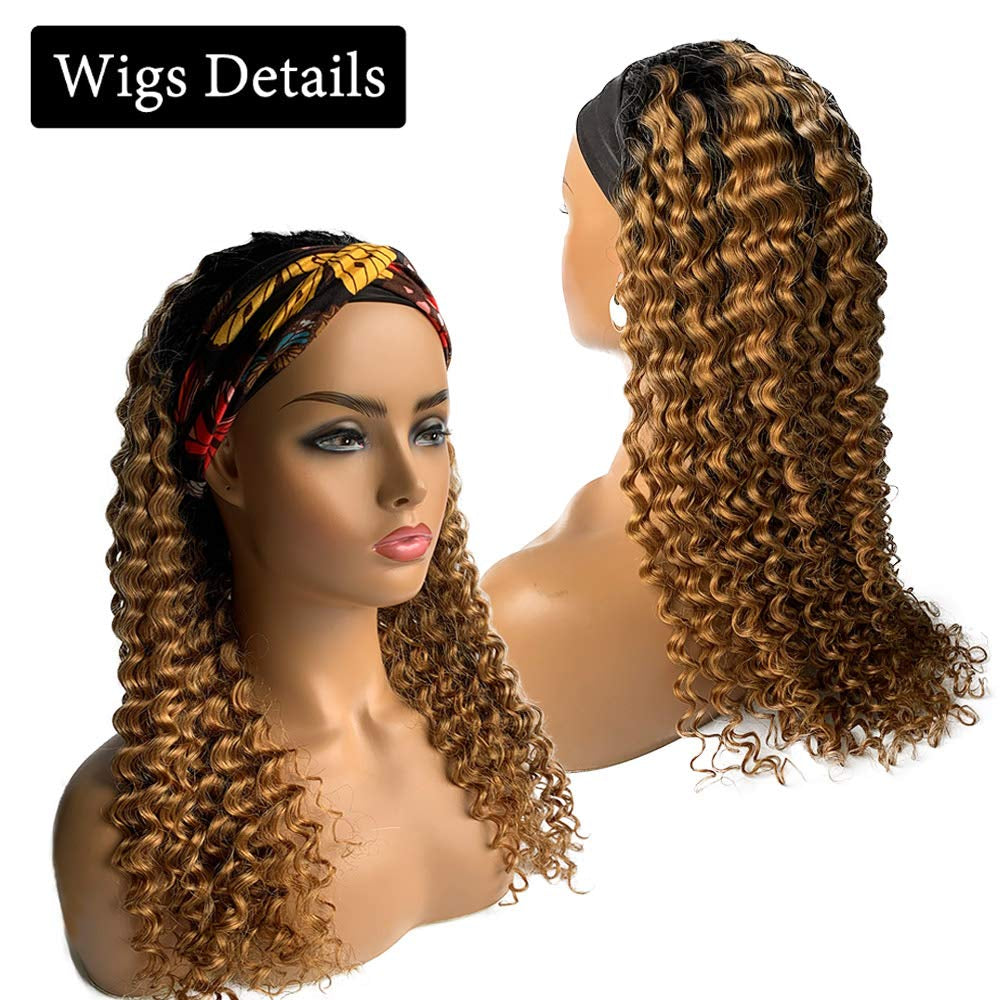 Headband Wigs Human Hair Ombre Blonde Colored No Lace Front Wigs 150% Density 20 Inches Curly Hair