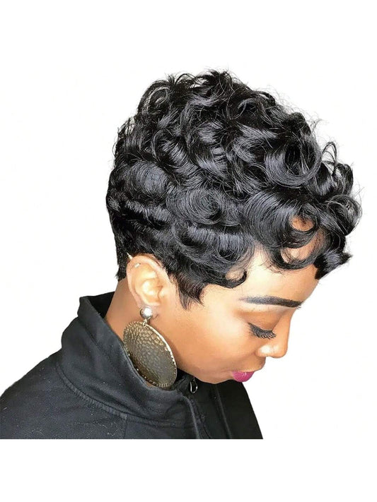 Short Pixie Wigs Short Black Curly Pixie Wigs Synthetic Hair Wigs Natural Wavy Black Pixie Cut Wig Short Curly Layered Pixie Wig (Natural Black)