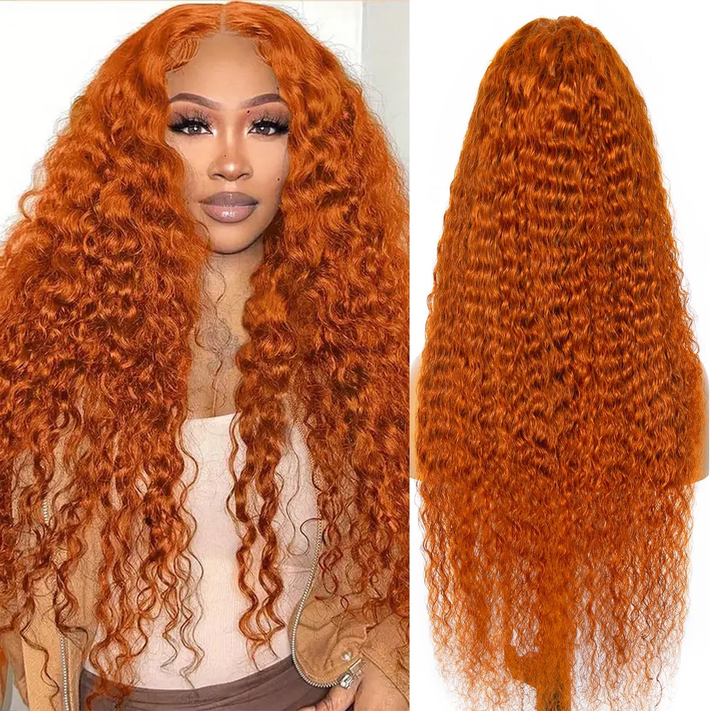 Curly Human Hair Wig 13×4 Deep Wave Lace Front Wigs Human Hair 180 Density Deep Wave Wigs with Hairline Ginger Wig Human Hair(24 Inch)