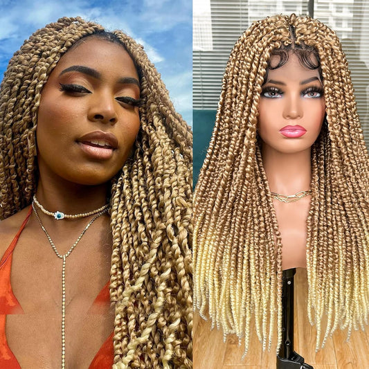 Passion Twist Braided Wigs for Black Women Full Lace Knotless Braided Wigs with Baby Hair Passion Twist Water Wave Crochet Hair Premium Synthetic Lace Faux Locs Braiding Wig(27/613 24Inch)