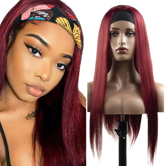 #99J Headband Wig Human Hair Burgundy 150% Density Machine Made Straight Wig 32 Inch Wine Red Brazilian Wig Human Hair Glueless None Lace Front Wig for Black Women Grade 8A