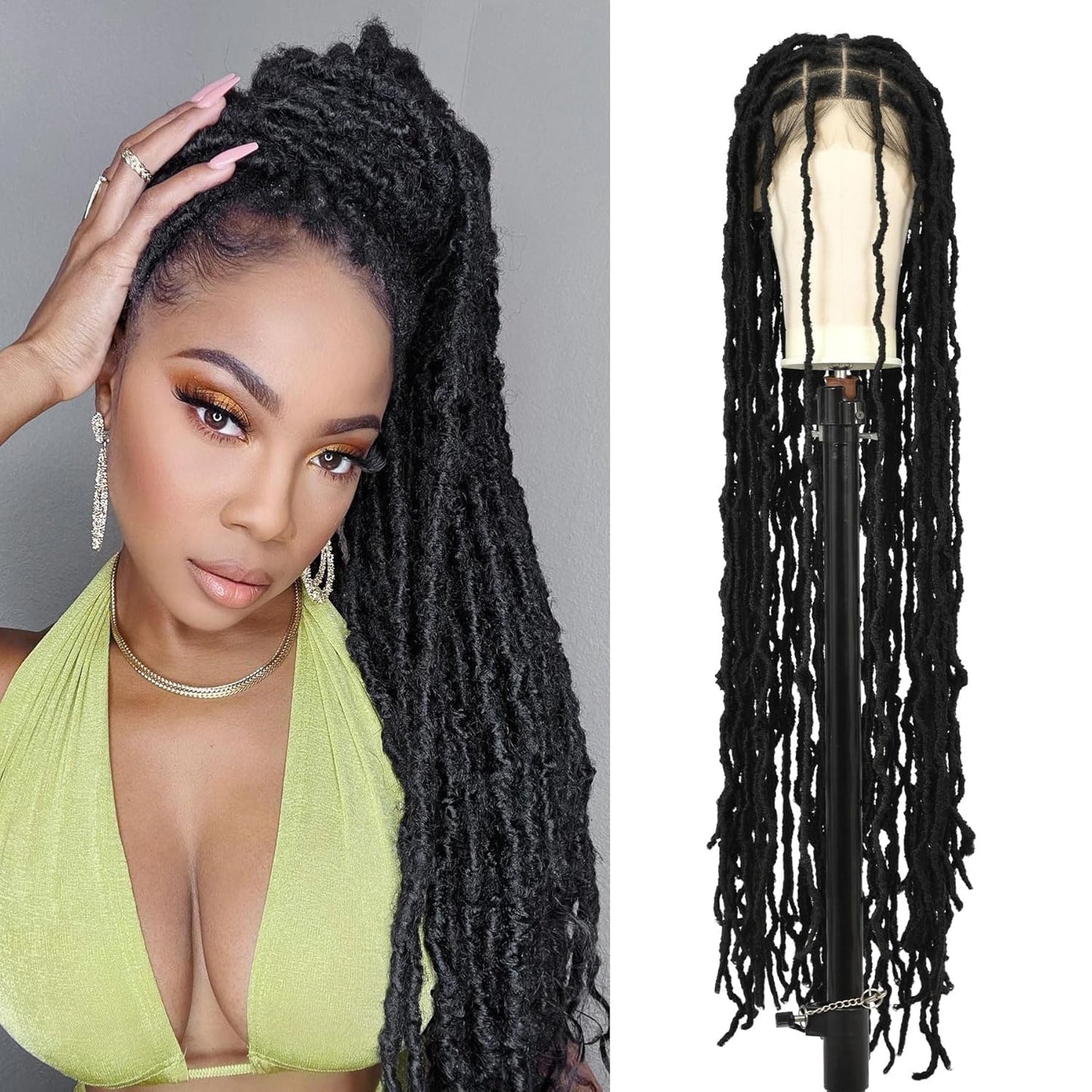 48" Knotless Braided Wigs Faux Locs Wig for Women Full Double Lace Front Braided Wigs with Baby Hair Human Hair Blended Braided Lace Front Wigs Braided Wig Black