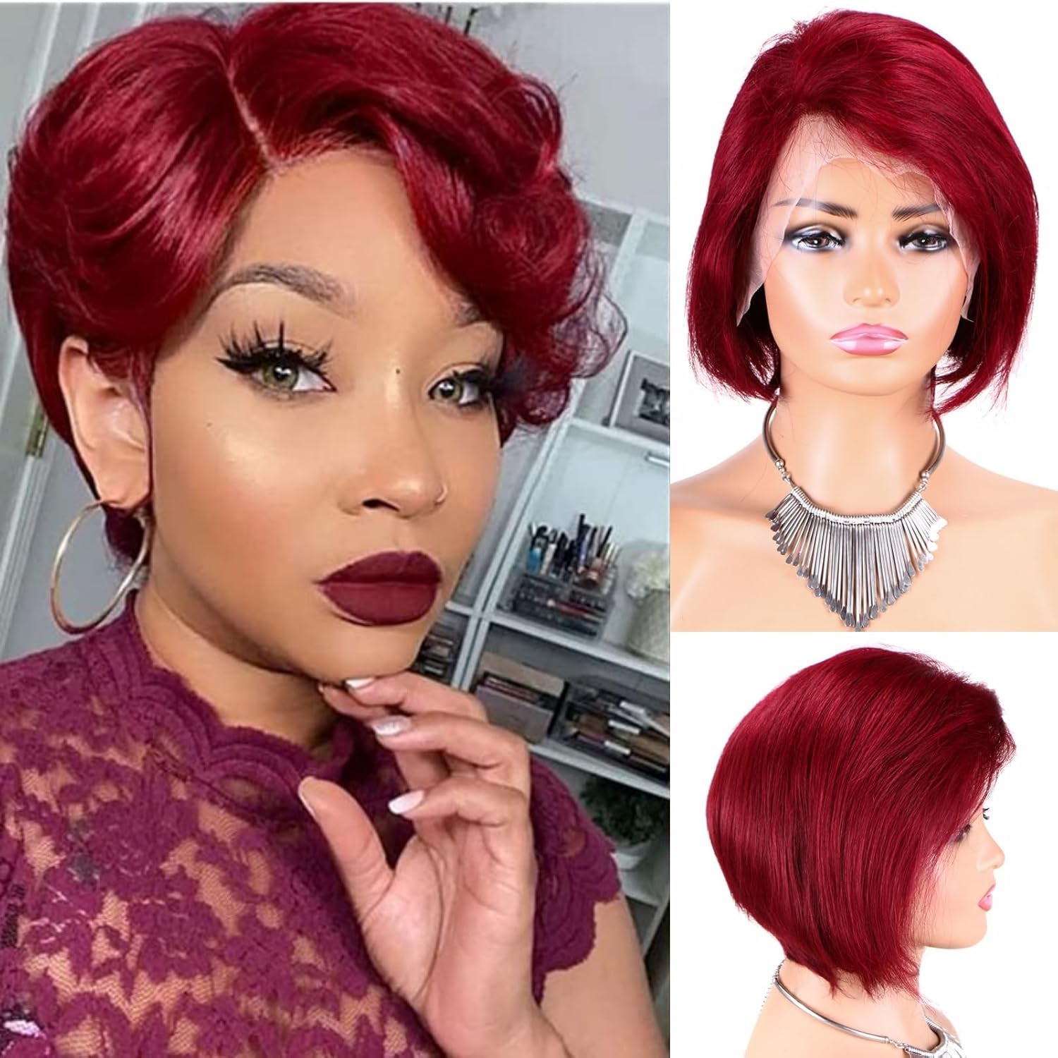 Short Wig Human Hair 13X4 99J Burgundy Pixie Cut Wig Human Hair Short Full Lace Front Wigs Human Hair Straight Short Wigs for Black Women 150% Density (99J Burgundy)