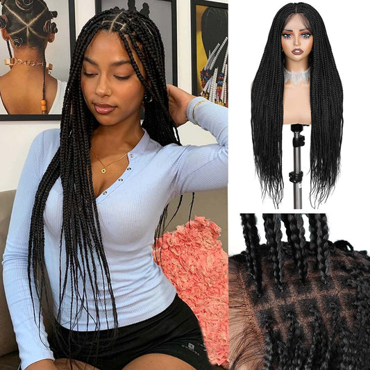 Braided Full Lace Wigs for Black Women Knotless Box Braid Wig with Baby Hair 32 Inches Square Braided Lace Synthetic Black Hair