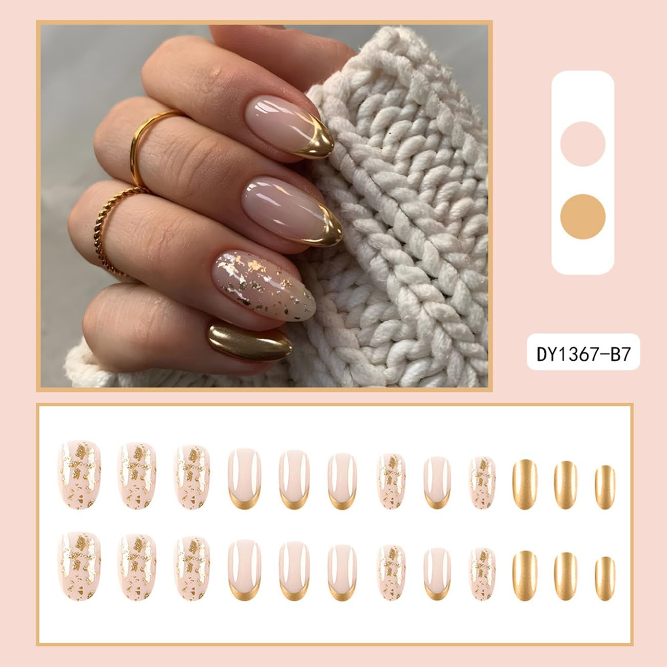 Gold French Tip Press on Nails Medium, Gold Nail Art False Nail Tips Glossy Gold Glitter Full Cover Glue on Nails Medium Almond Shape French Tip Nails Press Ons for Women Fingernails Manicure, 24Pcs