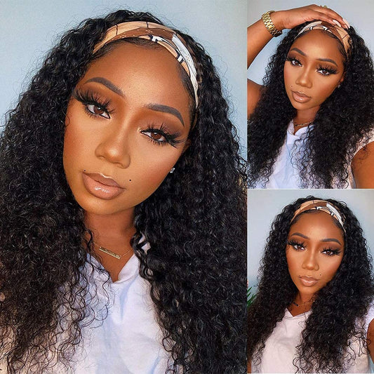 Headband Wig Human Hair Deep Wave 14 Inch Wigs for Black Women Glueless None Lace Front Curly Wave Wig Brazilian Virgin Hair Wear and Go Wigs Machine Made 150% Density Natural Color