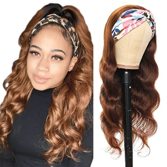1B30 Body Wave Headband Wig Ombre Brown Human Hair Headband Wig 130% Density Grade 8A Brazilian Remy Hair Machine Made Wigs Dark Brown Color 24 Inch