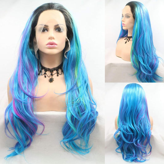 Long Wavy Colorful Lace Front Wig Synthetic Purple Blue Green Yellow with Dark Root Free Part Multi-Colored Wig Heat Resistant Fiber Glueless Wigs for Women Cosplay Makeup Drag Queen Party