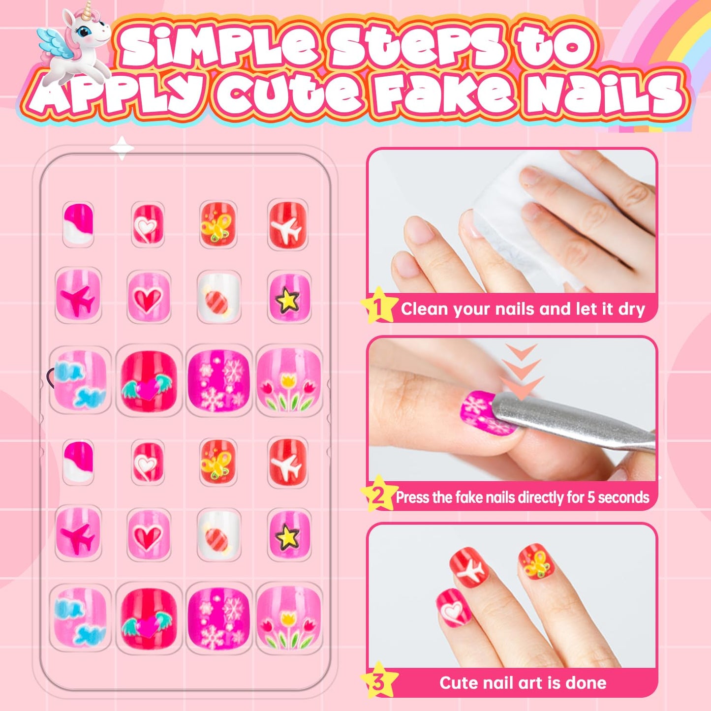 144 Pieces 6 Pack Kids Press on Nails Artificial Fake Nails for Kids Girls Pre Glue Full Cover Short Acrylic False Nail Tips Art Kits Gifts for Girls Nail Art Decoration (Lovely Pattern)