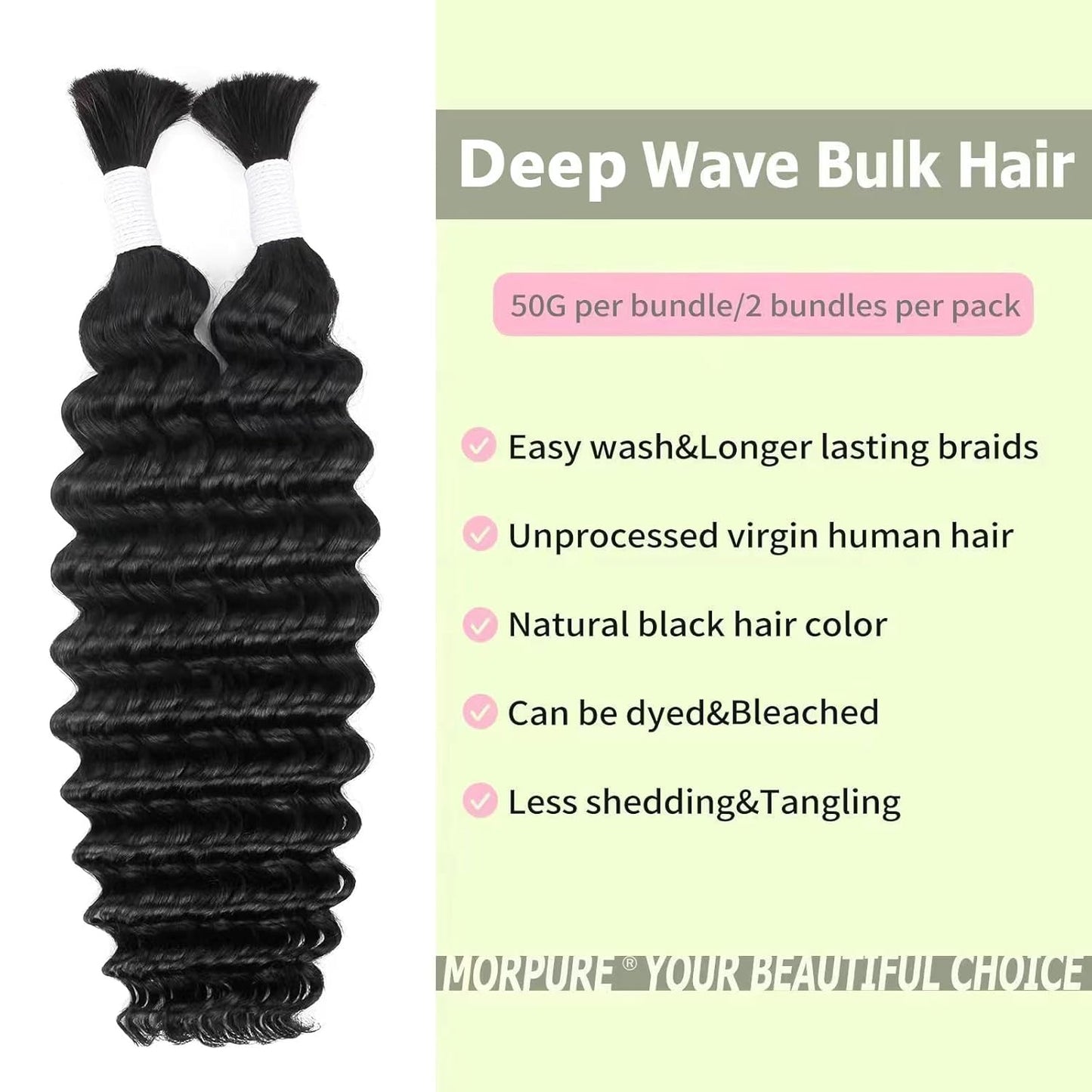 18 Inch Deep Wave Human Braiding Hair for Boho Braids Curly Human Hair Braiding Hair Wet and Wavy Unprocessed Virgin Boho Hair for Braiding Natural Color 2 Bundles/Pack (Total 100G)