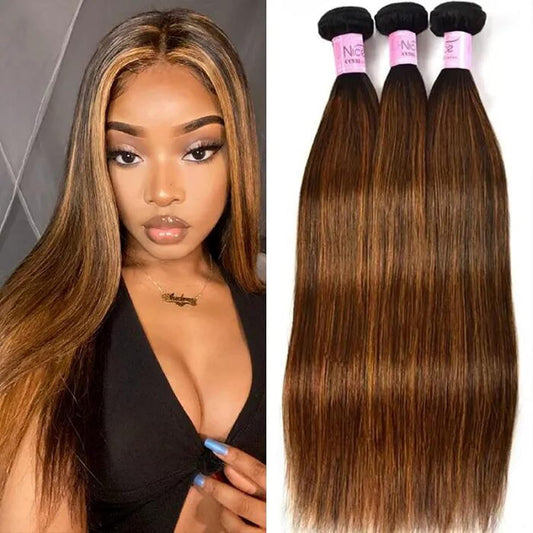 Brown Blonde Straight Human Hair Weave 3 Bundles, Brazilian 100% Virgin Unprocessed Remy Hair Ombre Highlight Color Hair Extensions 100G/Pc (10 12 14)