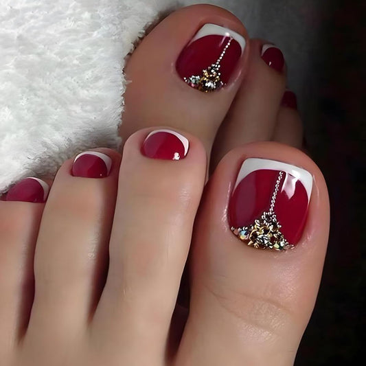 French Tip Press on Toenails for Women White Red Toe Nail Press Ons Fantasy Rhinestone Acrylic Fake Toe Nails Full Cover Classy Toenails Artificial Square Glue on Toe Nails for Wedding