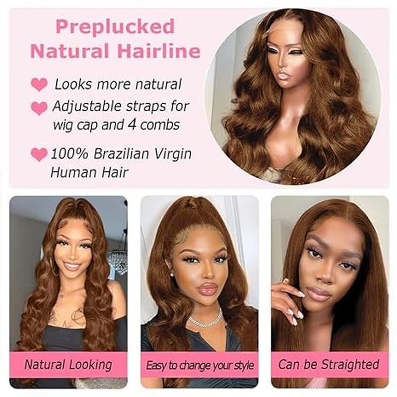34 Inch Light Brown 13X4 Body Wave 200% Density HD Lace Frontal Wigs Human Hair Glueless Wigs 12A Human Hair Pre Plucked with Baby Hair Chocolate Brown Colored Wigs Lace Front Wigs