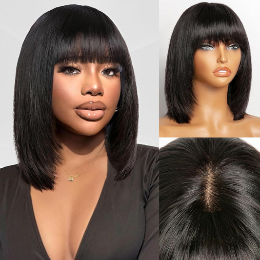 Bob Wig with Bangs Human Hair Wigs Glueless Wigs Straight Bob Wigs with Bangs 3 * 1 Transparent Lace Bob Wigs for Women 10Inch