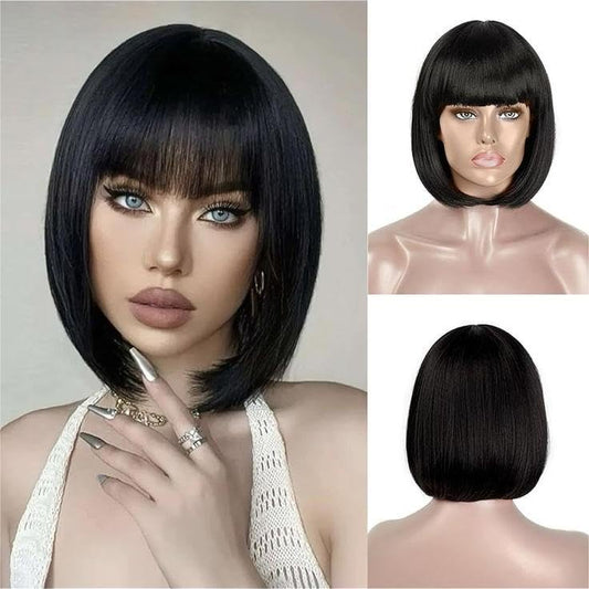 Short Black Bob Wigs with Bangs, 12" Tailored Bob Style Human Fiber Hair Wig with Hair Bangs for Women Natural Looking Synthetic Full Hair Wigs for Women