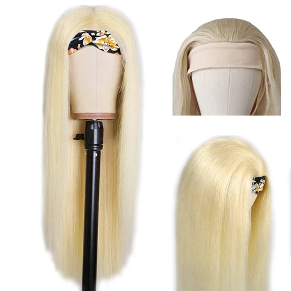 Blonde Headband Wig Straight Human Hair Headband Wig Blonde None Lace Front Straight Wigs for Black Women Brazilian Remy Hair Machine Made Headband Half Wigs 613 130% Density 24 Inch