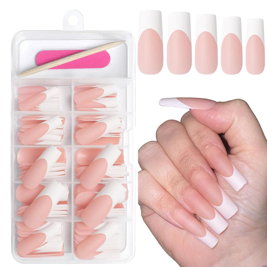 120Pcs White French Tip Press on Nails Long Square Fake Nails Nude False Nails Sqaure French Press Ons Square Nail Acrylic Artificial Nail with Adhesive Tab for Women