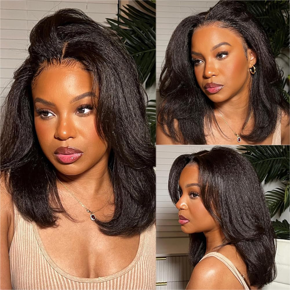 Kinky Straight Human Hair Wig 4X4 Transparent Lace Closure Kinky Straight Wigs 150% Density Yaki Human Hair Wigs Glueless Pre Cut Lace Natural Black(14Inch)