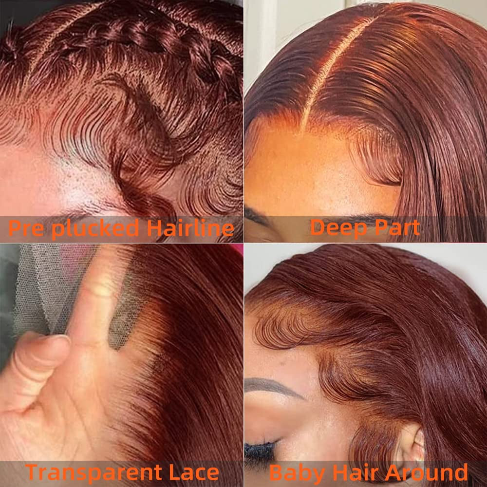 Reddish Brown Lace Front Wigs Human Hair Pre Plucked 13X4 Auburn Colored Human Hair Lace Front Wigs Body Wave Glueless Wigs Human Hair HD Lace Frontal Human Hair Wig 22 Inch