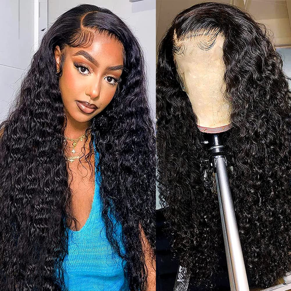 Transparent Lace Frontal Wigs Human Hair Pre Plucked Lace Front Wigs Water Wave Human Hair Wigs for Black Women 100% Unprocessed Virgin Brazilian Hair Water Curly Wave Wig Ear to Ear Frontal Wig