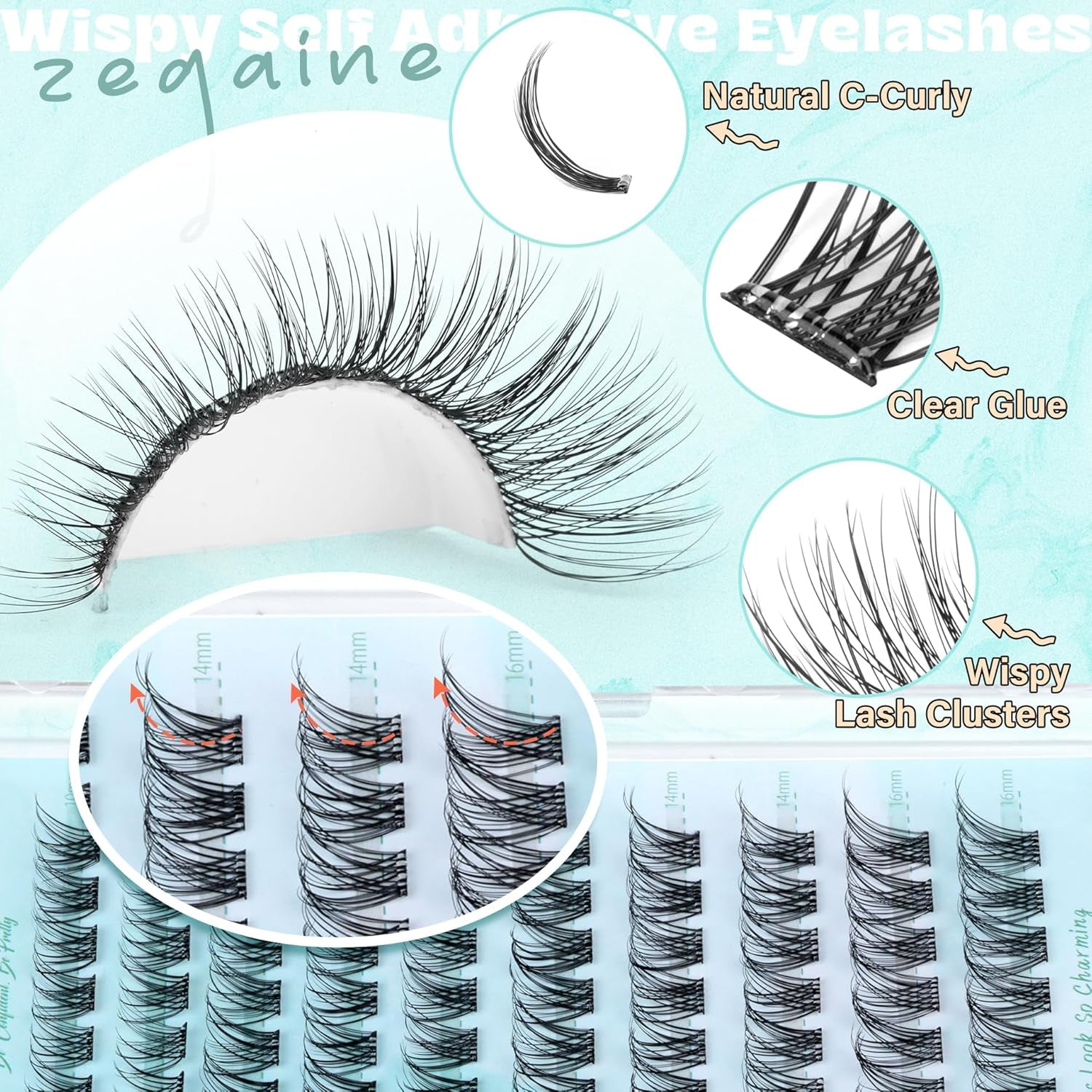 Self Adhesive Eyelashes Natural Self Adhesive Lash Clusters Wispy Pre Glued Lashes Natural Look Cluster Eyelash Extensions C-Curly Glueless Lash Clusters Reusable No Glue Needed 10-16MM 120Pcs