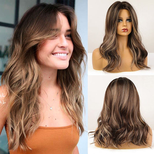 Ombre Brown Wigs for Women: Highlight Middle Part Long Wavy Wig, Shoulder Length, Natural Synthetic, Mixed Brown Ombre, Daily Party Use