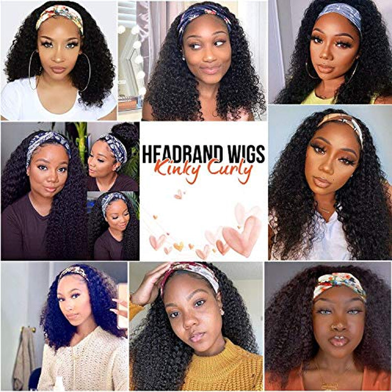 Headband Wig Human Hair Kinky Curly Headband Wigs for Women Glueless Human Hair Wigs 20 Inch None Lace Front Wigs Brazilian Kinky Curly Virgin Hair Wear and Go 180% Density Wig