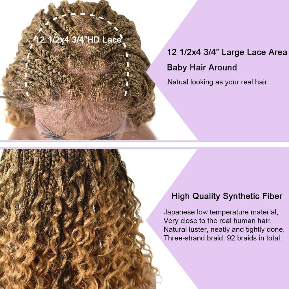 Swiss Lace Braided Wigs for Black Women 18 Inch Braids Wig with Baby Hair Premium Synthetic Wavy Hair Twist Box Braids Wigs Soft HD Lace Braiding Wig (#1B/27T-#Black/Khakit)