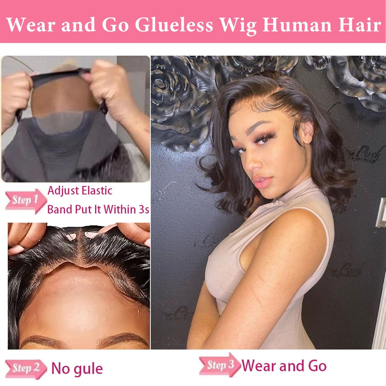 Wear and Go Glueless Wigs Human Hair Pre Plucked Pre Cut Bob Wig Human Hair with Elastic Band for Black Women Body Wave 4X4 Closure Human Hair 16 Inch