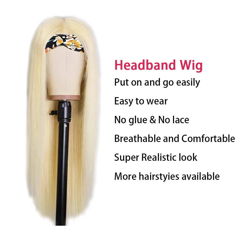 Blonde Headband Wig Straight Human Hair Headband Wig Blonde None Lace Front Straight Wigs for Black Women Brazilian Remy Hair Machine Made Headband Half Wigs 613 130% Density 24 Inch