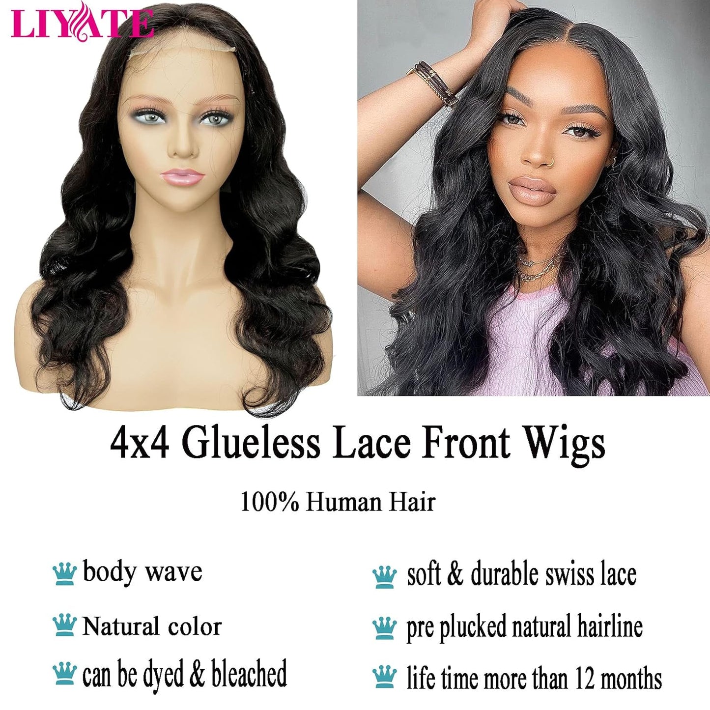 Body Wave Lace Front Wig Human Hair Wigs for Black Women Glueless 4X4 Lace Clouse Wig Brazilian Human Hair Wet and Wavy Wigs Pre Plucked with Baby Hair Natural Color 150% Density (22 Inch)