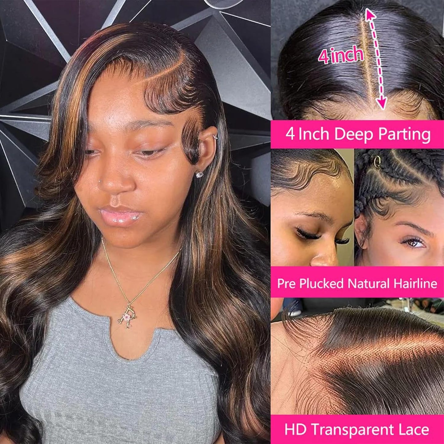 Ombre Highlight Lace Front Wigs Human Hair 210 Density Colored 1B/30 Body Wave Wig Black Bown 13X4 HD Transparent Lace Frontal Wigs Pre Plucked with Baby Hair Natural Hairline(32Inch)
